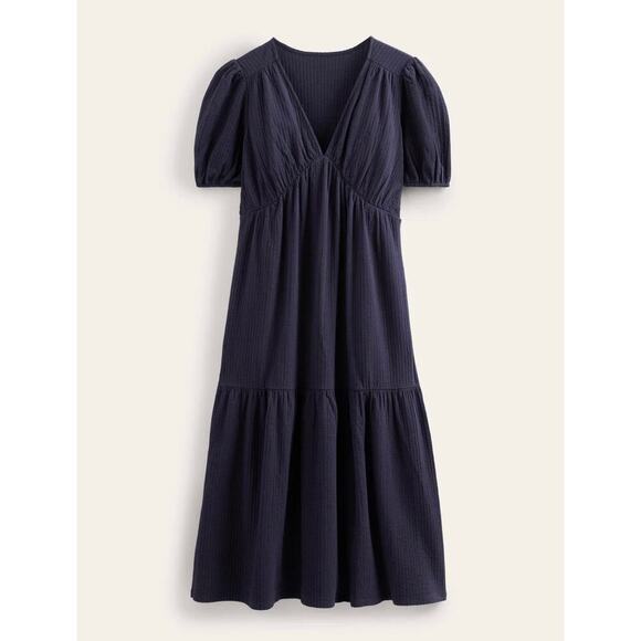 BODEN Navy Blue Jersey Seersucker Puff Sleeve V-Neck Cotton Midi Dress - Picture 5 of 11